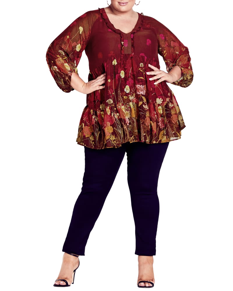 Front of a model wearing a size 18 TUNIC ANGELINA PRT in Bordeaux Floral by Arna York. | dia_product_style_image_id:300283